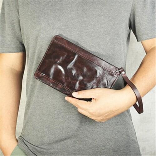 Original retro wrinkled long wallet zipper clutch bag natural Genuine leather first layer cowhide distressed color flow clutch