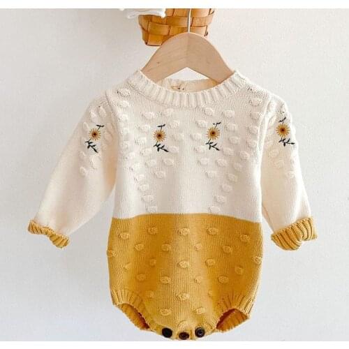 Autumn Baby Girl Newborn Rompers Clothes Spring Baby Girl Rompers Girl Long Sleeves Knit Sunflower Embroider Rompers