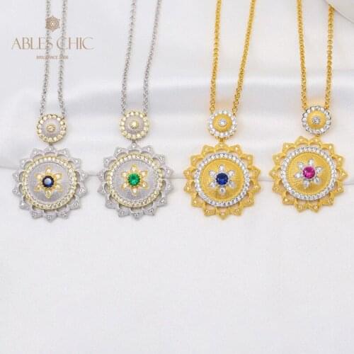 18K Gold Tone Renaissance Grand Gem Flower Necklace 925 Silver Filigree Pattern Apolo Floral Vintage Wedding Pendant C11N3S25633