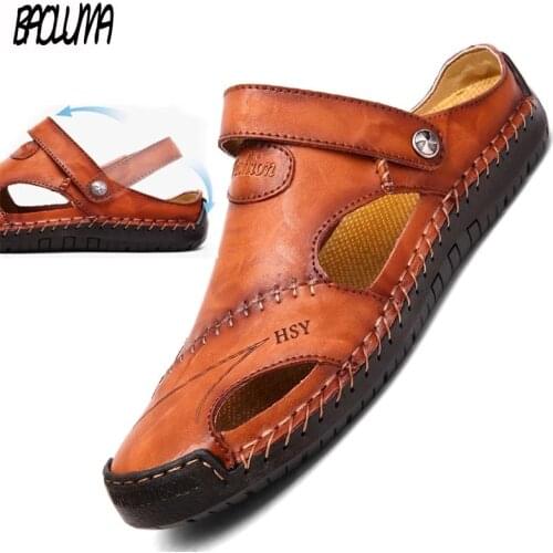 New Summer Mens Sandals Genuine Leather Sandals Moccasins Soft Shoes Beach Mens Sandals Slippers Bohemia Size 38-48 Hot Sale