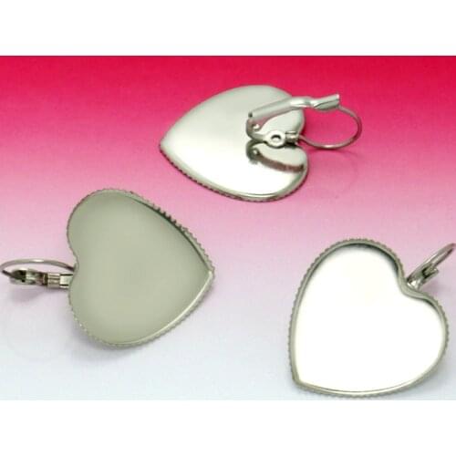 10X pure Stainless steel French hook earring with 25mm Peach Hearts Teeth edge Cabochon Setting Blank base, Diy Fittings