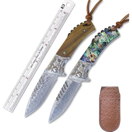 VG10 Damascus Folding Knife Green Sandalwood Handle Pocket Knife Tactical Hunting Knife Outdoor Camping Survival EDC Tools