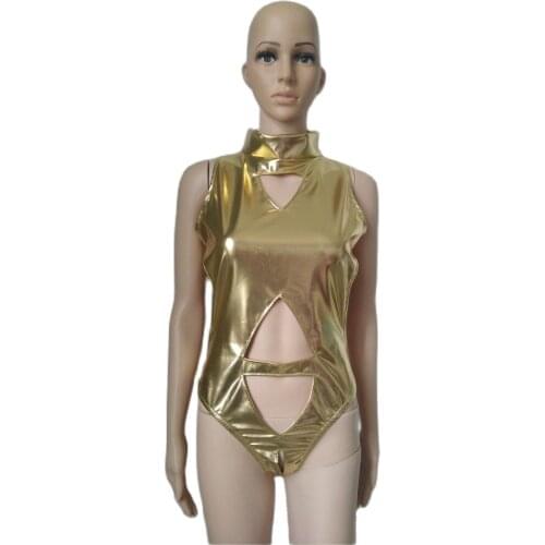New style women Girls Hollow out Leotard gold Shiny Metallic Gymnastics tights with open crotch One Piece jumpsuit