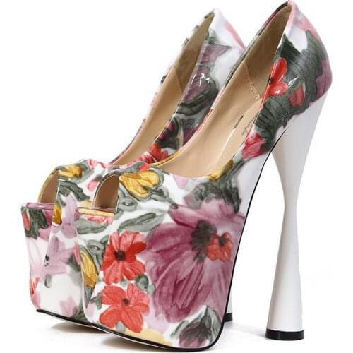 Women Pumps 19CM Hoof High Heels Sexy Patent Leather Slip On Slip On Peep Toe printing flower waterproof shoes for women 2020