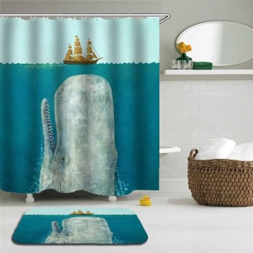 Lovely Cat Rabbit Shark Owl Printed Shower Curtain Set Polyester Waterproof Cloth Shower Curtains Bathroom Non-slip Floor Mat