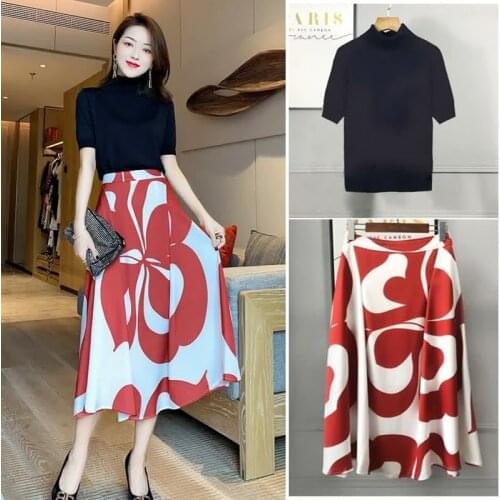 Summer Women two piece set Skirts suits knit tshirt women tops + Hip waist Printed Long Skirts set
