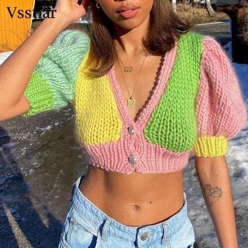 Vsstiar Knitted Sweater Women Y2K Patchwork Button Up Autumn Tops Cardigan Mujer Sexy V Neck Short Sleeve Casual Party Cropped