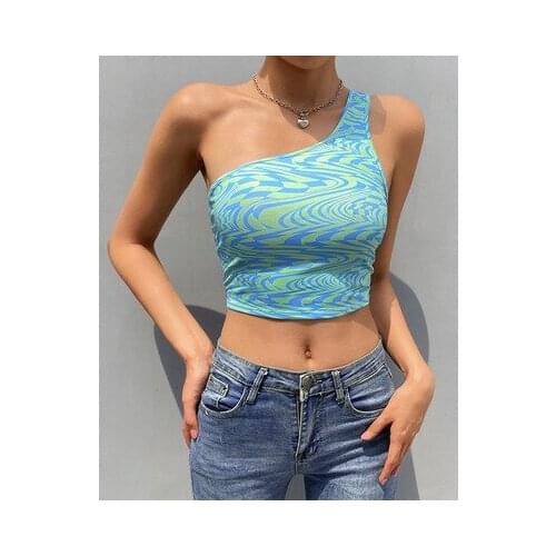 Womans One-shoulder Contrast Wave Pattern Printed Back Straps Beautiful Back Umbilical Small Vest 2021 Summer New Sexy Top Crop