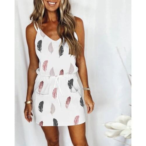 Women Summer Dress 2021 Casual V-Neck Sleeveless Open Back Sexy Feather Print Loose Dresses Spaghetti Strap Vestido Robe Femme
