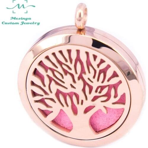 10pcs PVD Rose Gold Tree Of Life Aromatherapy/Essential Oils 316L S.Steel Perfume Diffuser Locket pendant Necklace W/O Chain