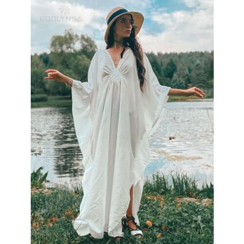 2021 Solid V-neck Batwing Sleeve Plus Size Loose Maxi Dress For Women Summer Beach Wear Kaftan Long Bathing Dresses Q1306