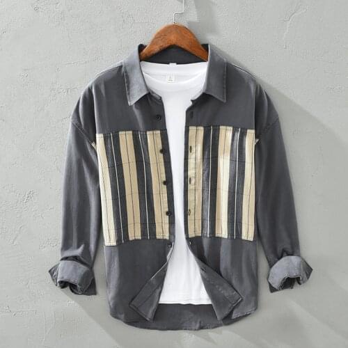 2921 Daily Casual Patchwork Shirt Coats For Men Unique Striped Square Collar Long Sleeve Thin Loose Jackets Youthful Style Tops