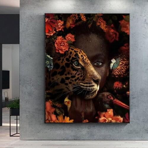 African Art Black Woman Tiger Rose Bird Oil on Canvas Painting Posters and Prints Wall Art Picture Cuadros for Living Room Decor
