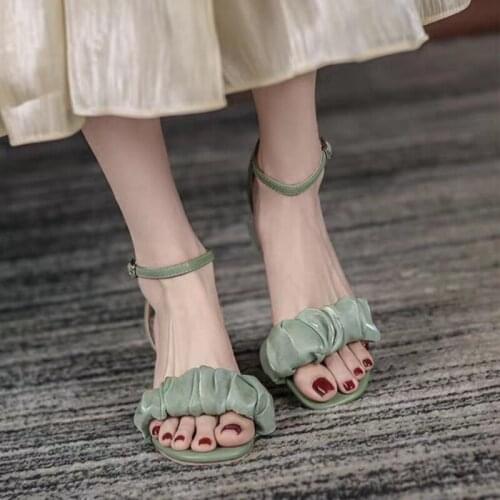 Summer Ladies Satin Pleated Ankle Strap Sandals, Ladies Crystal Square Heel Shoes, Elegant Open Toe Party Womens Sandals