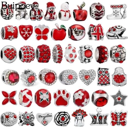 Buipoey Fashion Red Santa Claus Beaded Red Apple Frog Charm Fit Christmas Beads Bracelets Women DIY Jewelry Making Accessories
