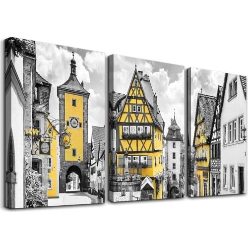 Black and white Canvas Art for living room Yellow city street painting 3 piece Wall Decor for bedroom office Home