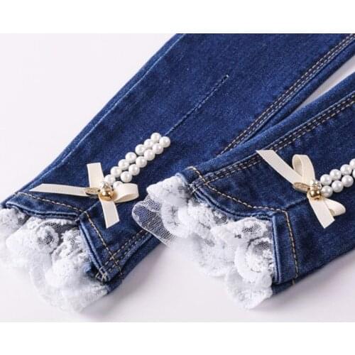 Girls Jeans Spring Cotton Denim Lace Patchwork leg Jeans beading Pattern Children Trousers Pencil Girls Leggings 4-14Y Kids Pant