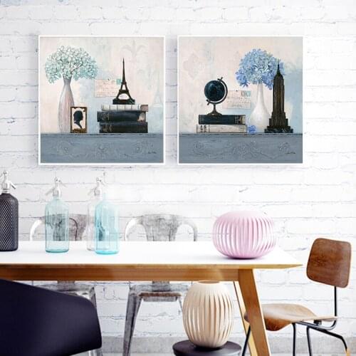 Retro Canvas Painting Famous Building Bule Flowers In Vase On Desk 2 Piece Art On Wall Pictures Print Wall Art Painting No Frame