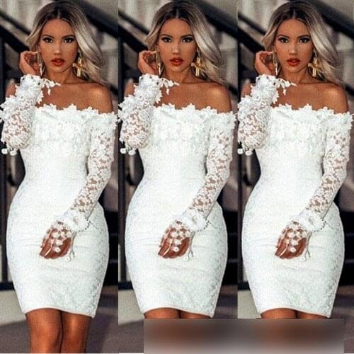 Kayotuas Women Dress Sexy White Lace Long Sleeve Bodycon Off-the-Shoulder Lace Wedding Party Clubwear Evening Short Mini Outfit