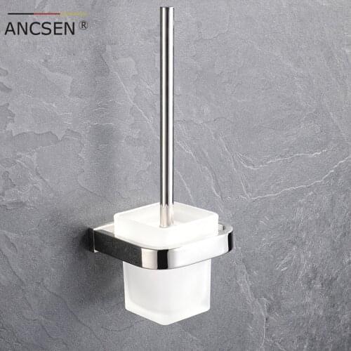 304 Stainless Steel Square Toilet Brush Holders With Holder Glass Cup Wall Mount Mirror Polished Effect Bathroom Brush Shelf