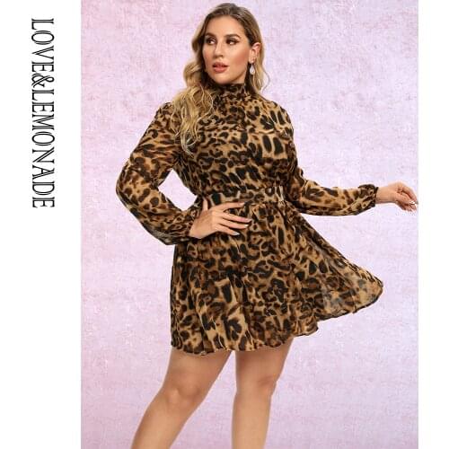 LOVE&LEMONADE PLUS SIZE High Neck Brown Leopard Print Chiffon Long Sleeve A-Line Mini Dress LM82185PLUS