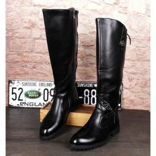 Mens Riding Millitary Knee Buckle Strap High Boots Shoes Buckle Side Zip Black