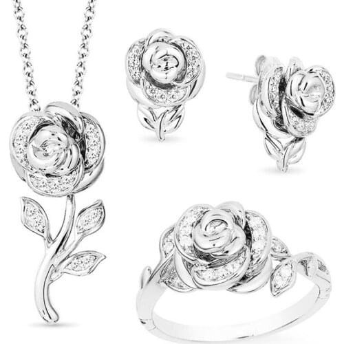 4pcs/set Women Fashion Rose Gold Plaed Crystal Zircon Ring Necklace Earring Set Romantic Rose Flower Material Alloy Jewelry C