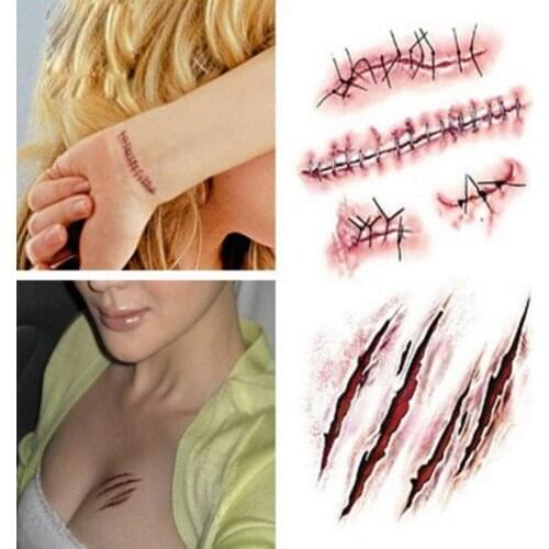 5Pcs Halloween Tattoo Stickers Simulation Horror Bleeding Suture Scars Stickers DIY Halloween Decor Scary Blood Injury Sticker