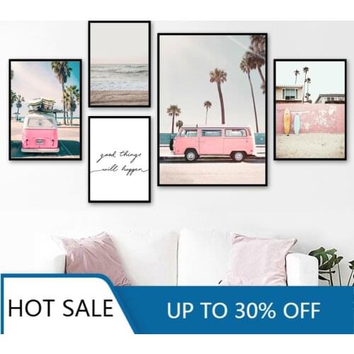 Pink Bus Sky Sea Beach Coconut Palm Quote Nordic Wall Art Canvas Painting Posters Prints Wall Decor For Aesthetic Home Decoratio