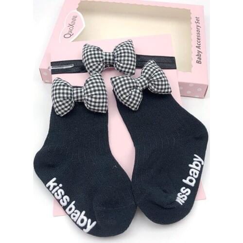 2Pcs/Set Plaid Bowknot Solid Color Socks + Childrens Cartoon Three-Dimensional Hairband For Girls Turban Baby Hair Accessories