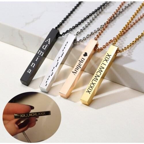 3D Personalized Custom Name Vertical Bar Necklace Four Sides Engraving Stainless Steel Square Pendant Jewelry Women Male Gift