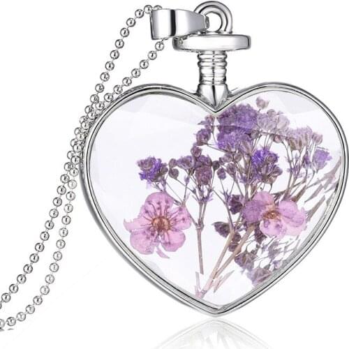 Heart-shaped Pendant Necklace Jewelry Crystal Plant Specimens Dried Flower Necklace Flower Locket Purple Necklace