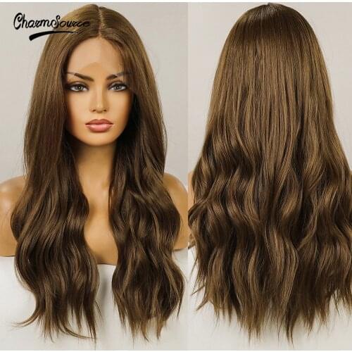 CharmSource Blonde Brown Wigs Long Natural Wavy Front Lace Wig Synthetic for White and Black Women Daily Party Wedding Hair