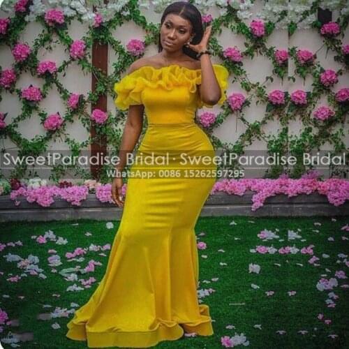 Stunning Gold Yellow Mermaid Bridesmaid Dresses Long Ruffles Boat Neck African Women Wedding Guest Dress Formal Gown