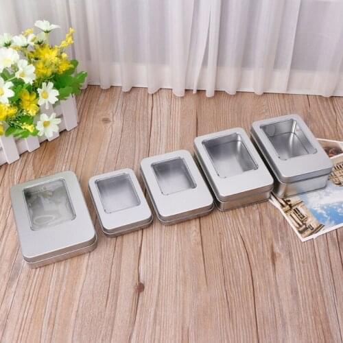 Rectangular Tin Silver Storage Box Case Organizer with Half Clear Window Lid Ziplock Seal Food Bag Nail Varnish Square