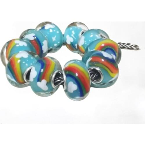 Rainbow Real 925 Sterling Silver Round Murano Glass Beads Fit Original Charm Bracelet Authentic S925 Jewelry Accessories
