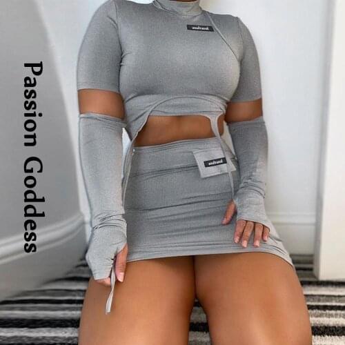 Sexy Women 2 Piece Irregular Suits Gray Outfits Asymmetrical Cropped Shirt Sleeve Glove High Waist Bodycon Skirts Two Piece Sets