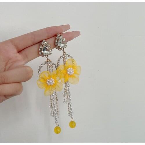 Flowers Earrings for Women Crystal Drop Pendant Tassel Pearl Chain Dangle Jewelry Gift Korea Earrings
