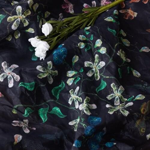 Silk and Cotton Metal Silk Printing fabric Crepe shiny black florets tissu Brand high-end clothing tissus