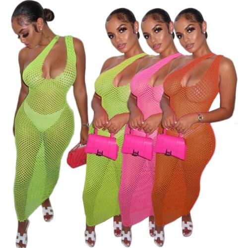 Sexy One Shoulder Fishnet Dress with Brief Summer Beach Wear 2 Pieces Bikinis Cover Sets Sleeveless Cut out Long Sundresses