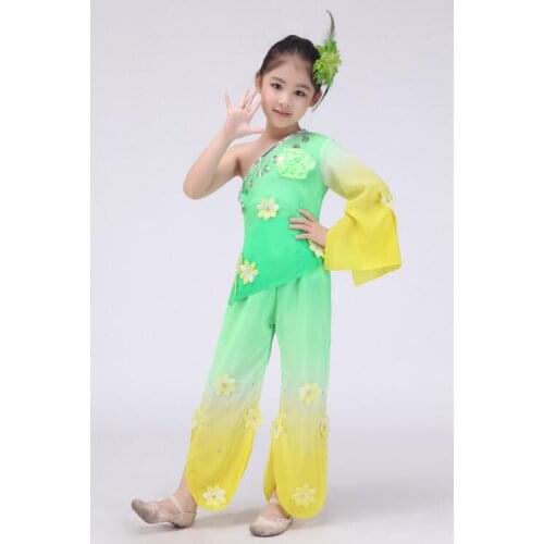 Girls Embroidery Dance Wear Chinese Folk Dance Costumes Children Fan Yangko Classical Dance Stage Performance Clothing