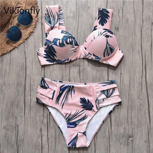 Vikionfly Super Push Up Swimsuit Bikini Women 2021 Printed Bandage Swimwear Brazilian Bikini Set Sexy Bathing Suit For Pink