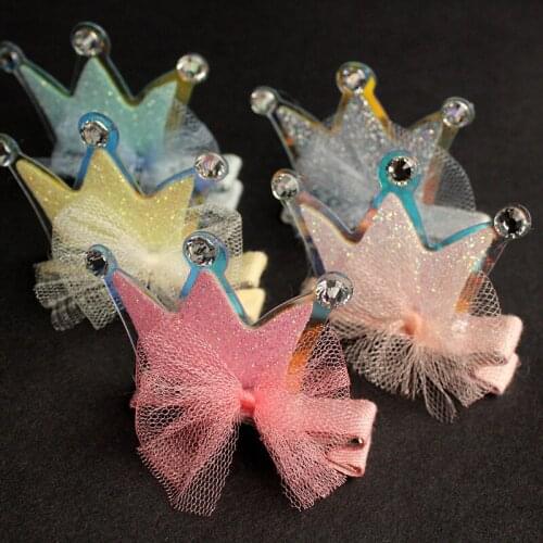 Top Quality 20pcs/lot New Prince Crown Cartoon Shape Solid Hairpins With Ribbon Crystal Bowknot Modish Girls Hair Clip New Shape