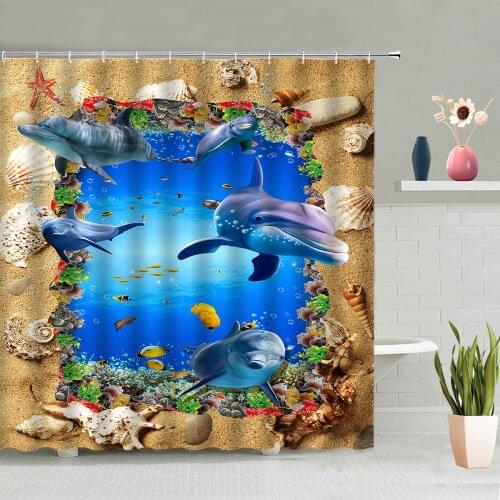 Ocean Animals Shower Curtains Dolphin Shark Turtle Fish Underwater World Bathroom Decor Bath Curtain Washable Hooks Home Screen