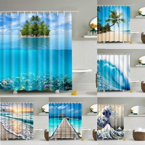 Seaside Sea Beach Sea Wave Coconut Tree Shower Curtains Bathroom Curtain Frabic Waterproof Polyester Bath Curtain with 12 Hooks