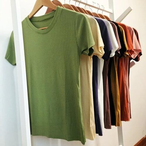 2021 Summer Womens Candy Color Short Sleeved T-shirt Female Korean Version Solid Threaded Cotton High Elastic Round Neck Slim