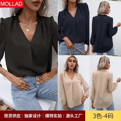 2021 European and American Womens Clothing Autumn New Puff Sleeve Ladies V-neck Long Sleeve Shirt