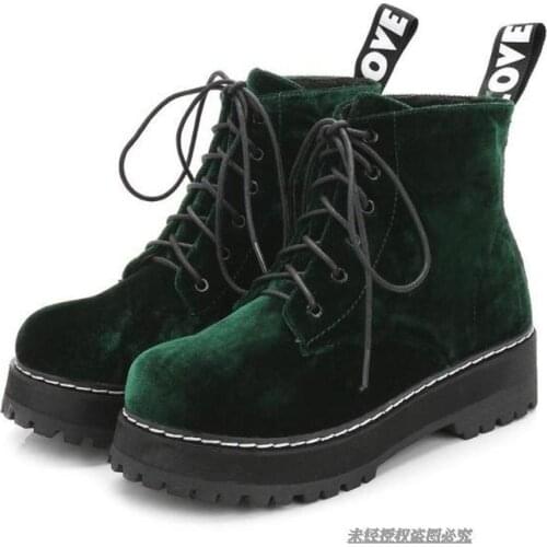 Womens Round Toe Lace Up Platform Ankle Boots Oxfords Velvet Chunky Heel Vintage Retro Gothic Shoes Green Red New 2020