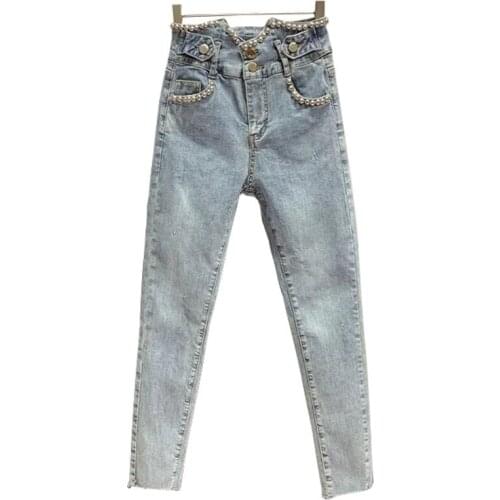 2021 New High Waist Stretch Female Skinny Jeans Trousers Korean Beaded Fashion Slim Elasticity Solid Denim Ankle-length Pants