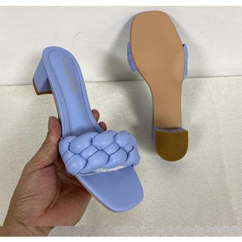 Square Low Heel Woman Sandals 2021 Summer Shoes Weave Open Toe Fashion Sandals Women Heels Leather Casual Outside Baech Shoes